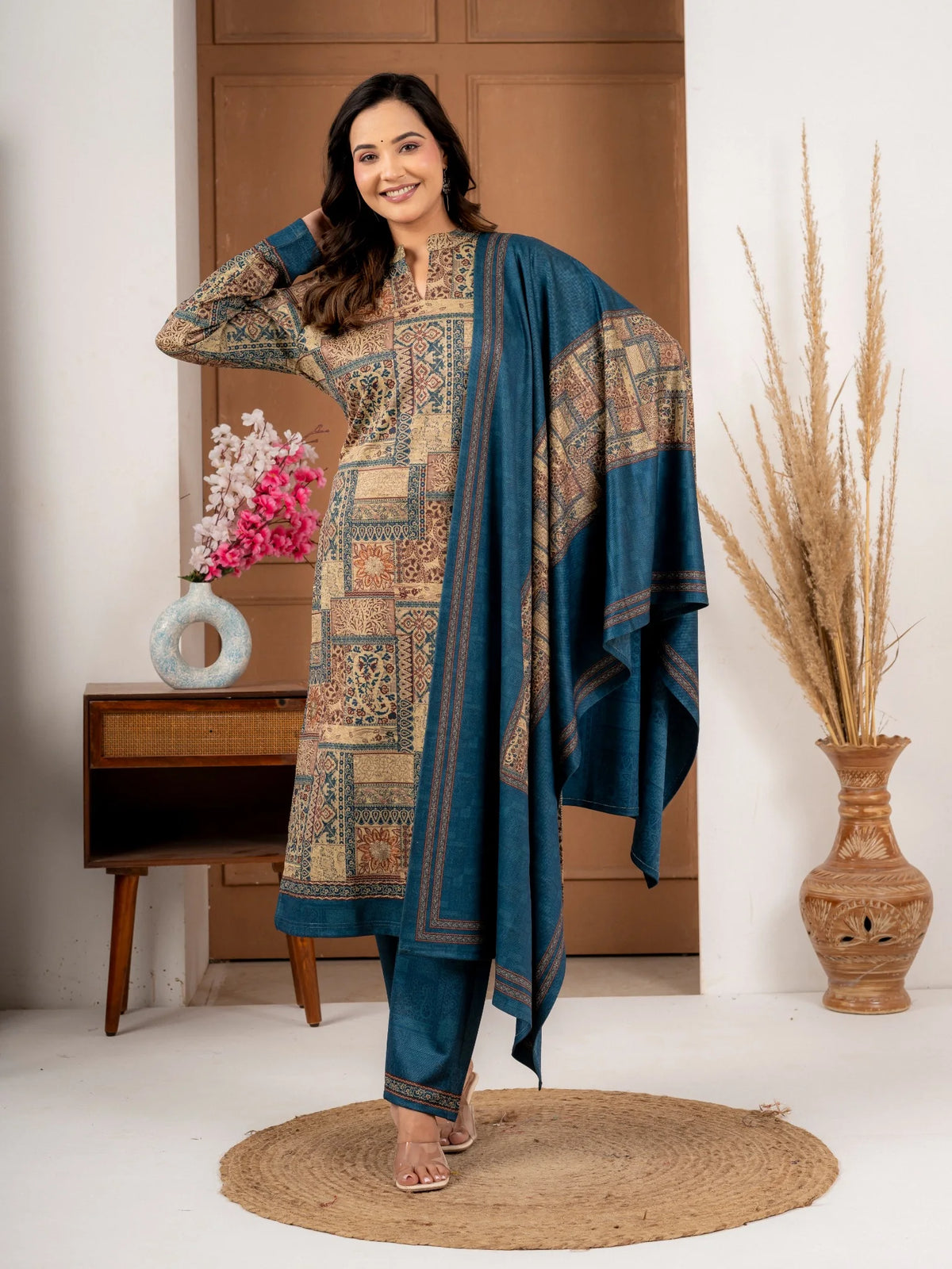 Teal Blue Printed Wool Blend Winter Suit Set with Dupatta