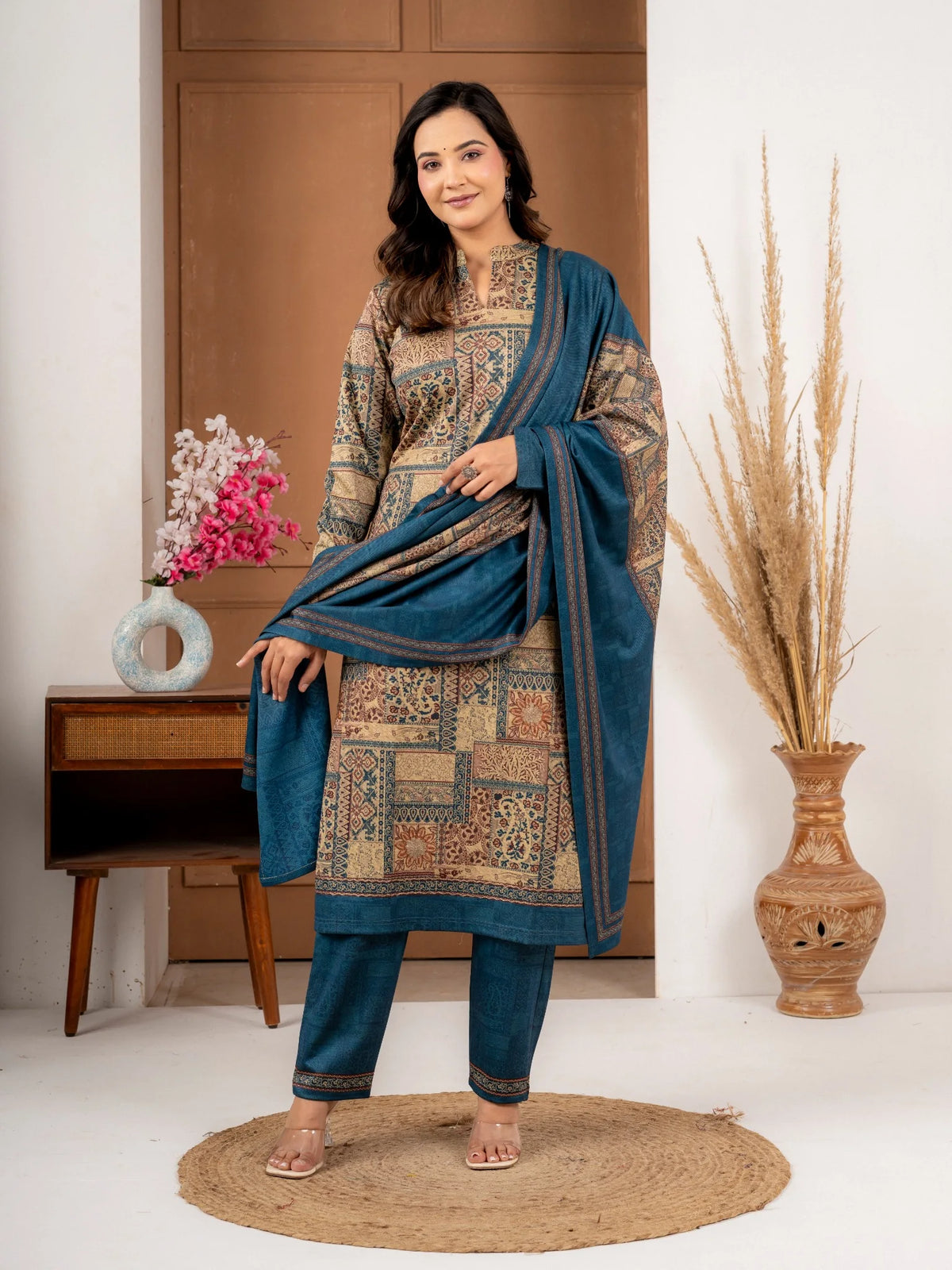 Teal Blue Printed Wool Blend Winter Suit Set with Dupatta