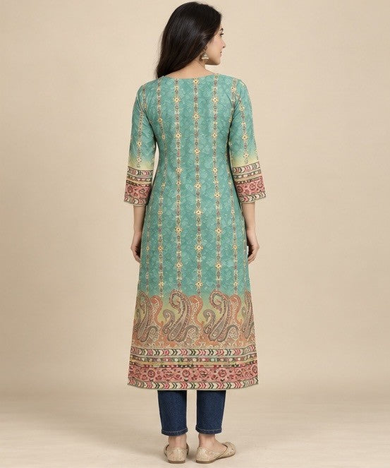 Teal Green Printed Silk Blend Straight Kurti for Women