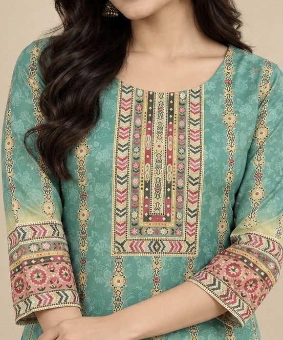 Teal Green Printed Silk Blend Straight Kurti for Women