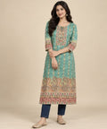 Teal Green Printed Silk Blend Straight Kurti for Women
