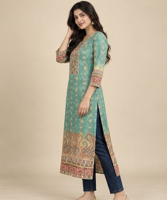 Teal Green Printed Silk Blend Straight Kurti for Women