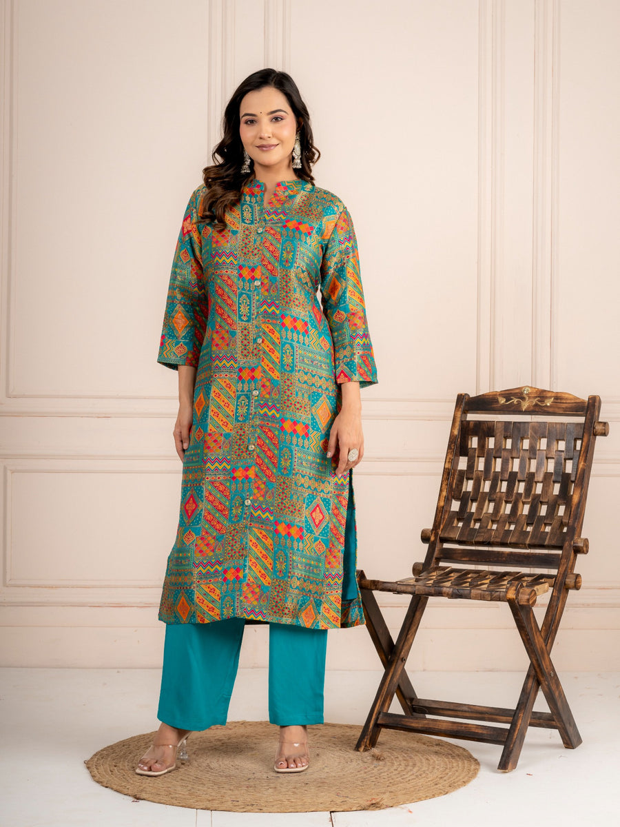 Blue Jacquard Silk Kurti Set for Women