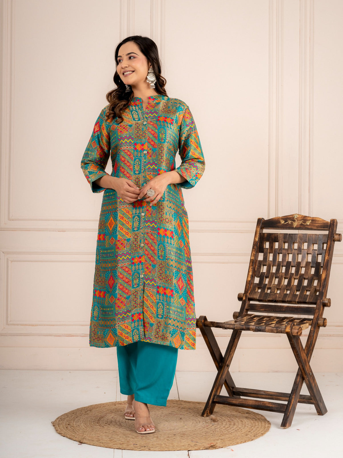 Blue Jacquard Silk Kurti Set for Women