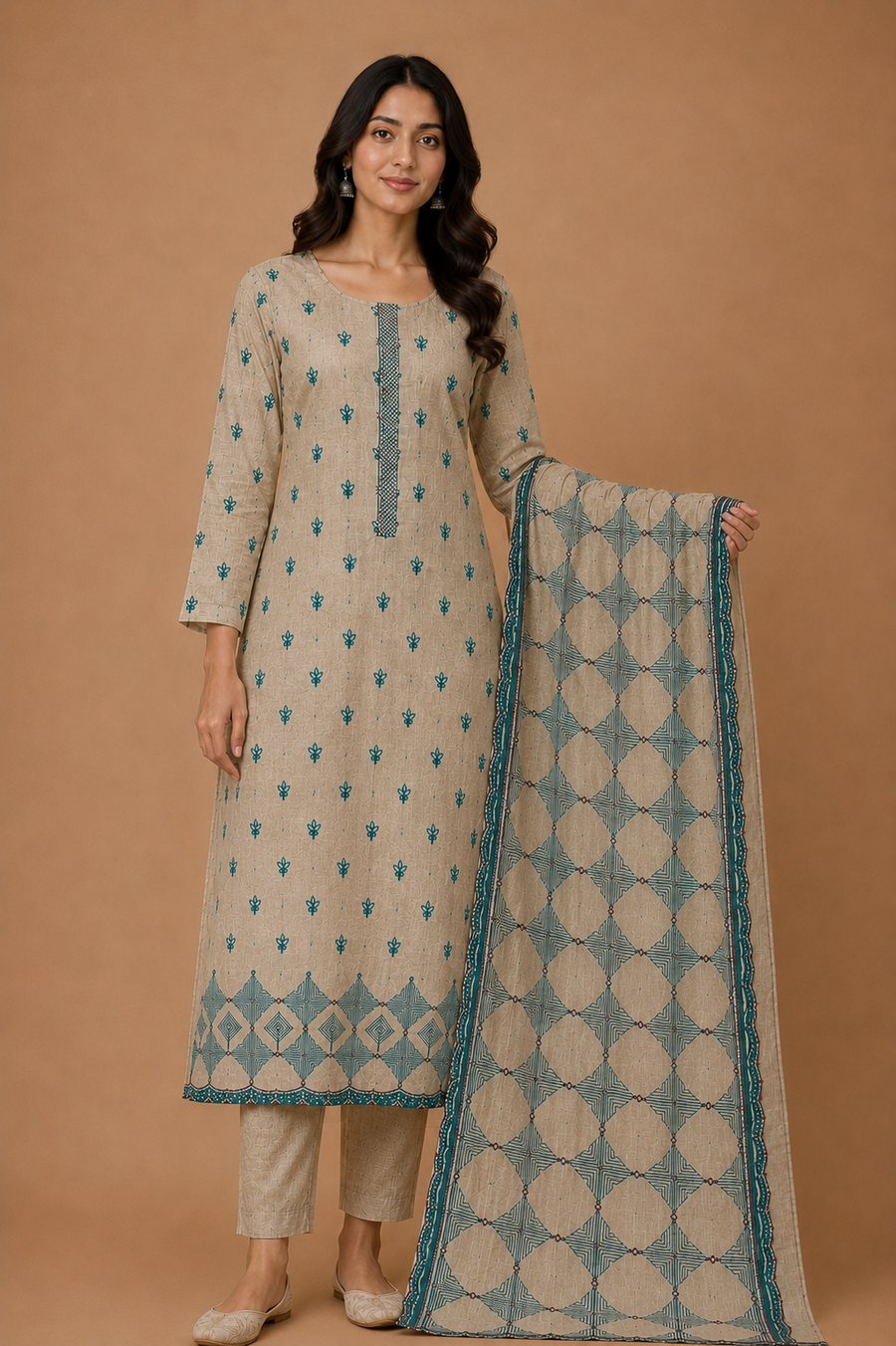 Fawn Teal Mal Chanderi Unstitched Suit Set