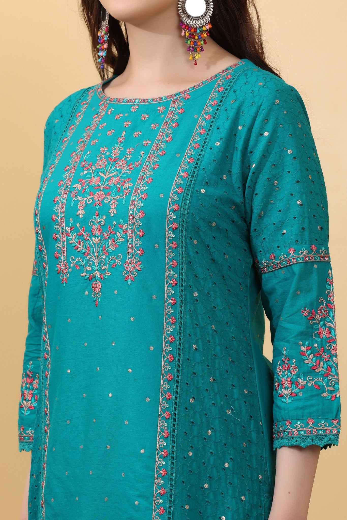 Turquoise Embroidered Cotton Salwar Kameez Set with Dupatta