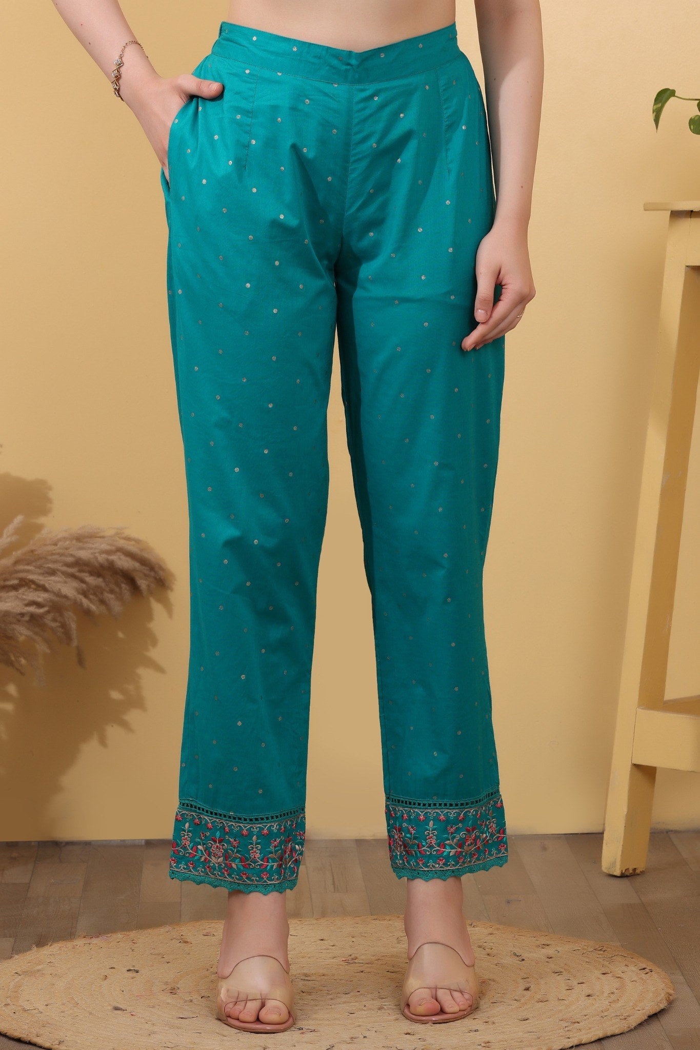 Turquoise Embroidered Cotton Salwar Kameez Set with Dupatta
