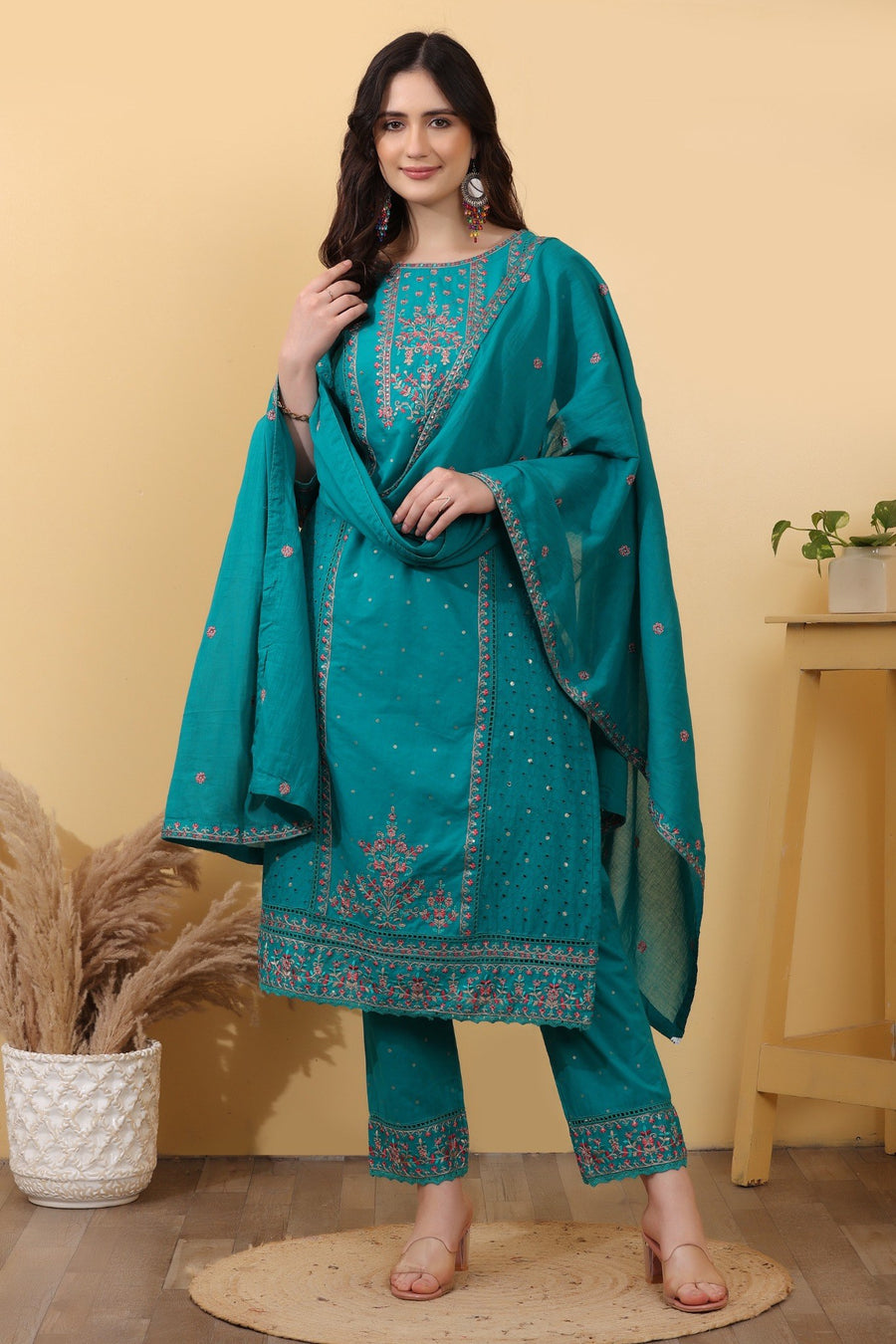 Turquoise Embroidered Cotton Salwar Kameez Set with Dupatta