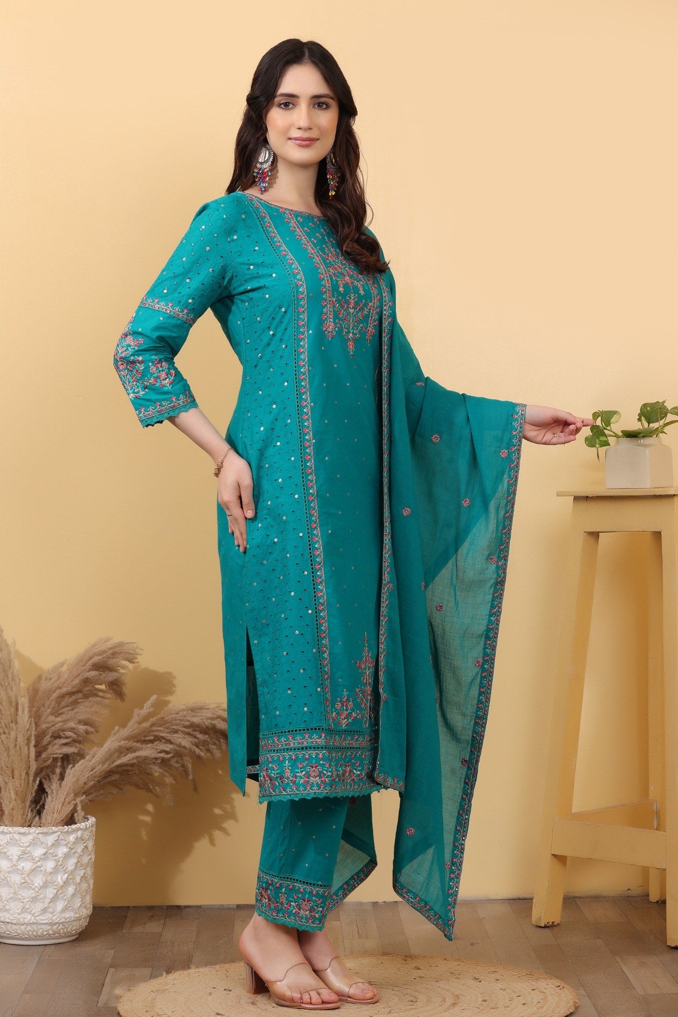 Turquoise Embroidered Cotton Salwar Kameez Set with Dupatta