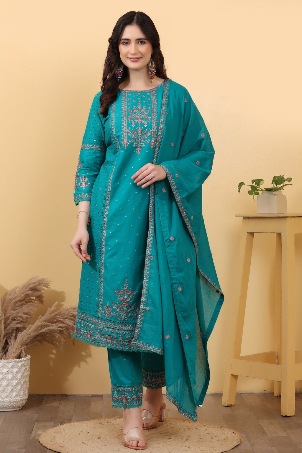 Turquoise Embroidered Cotton Salwar Kameez Set with Dupatta