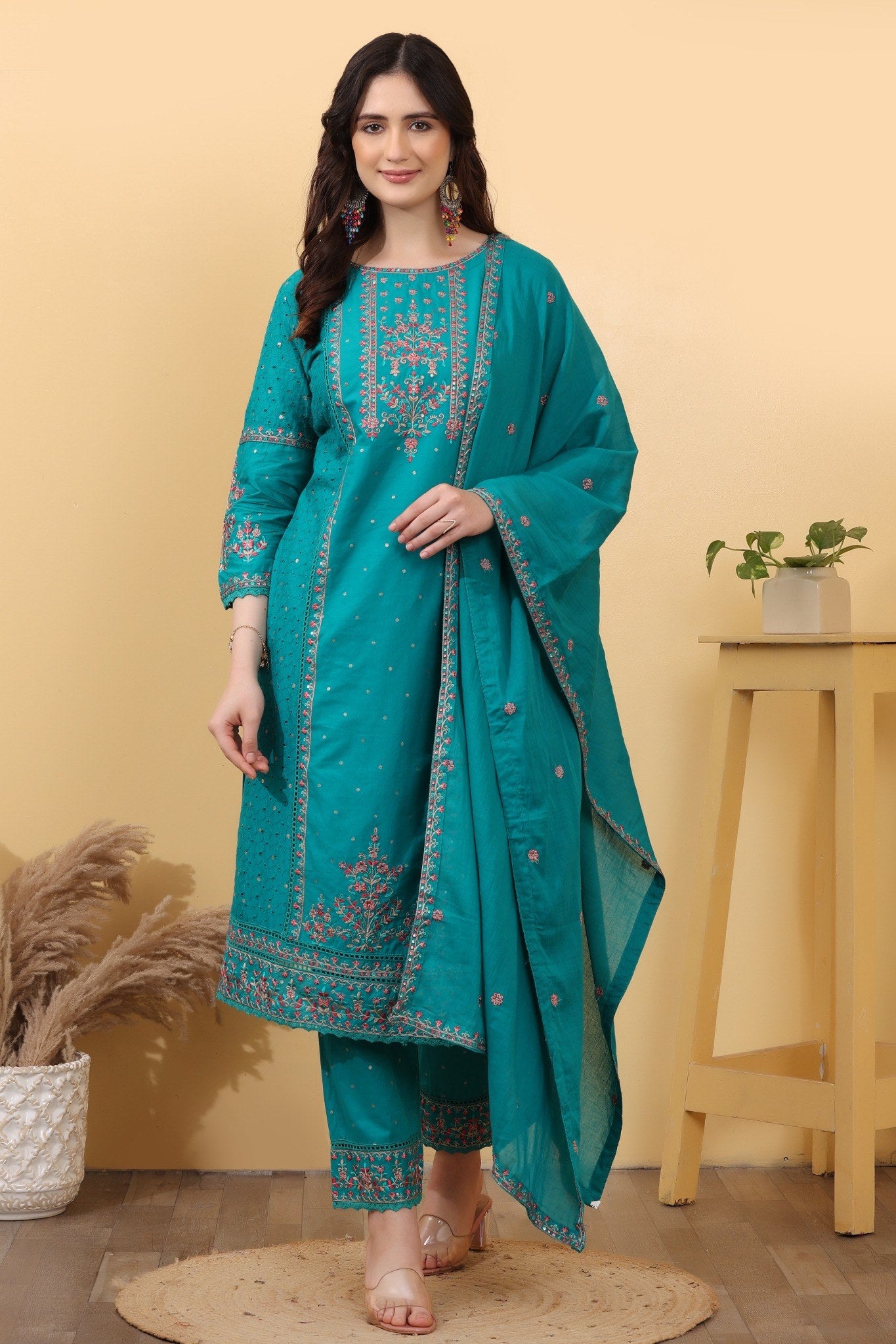 Turquoise Embroidered Cotton Salwar Kameez Set with Dupatta