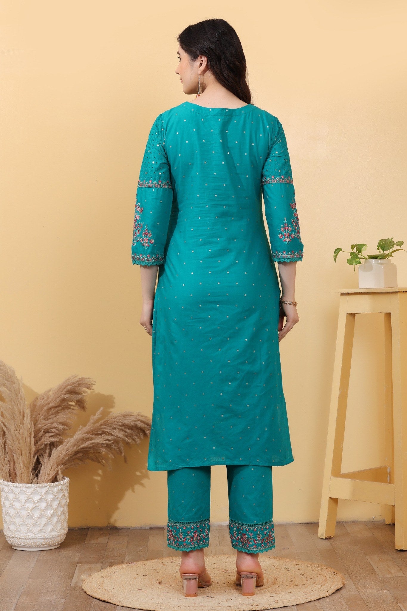 Turquoise Embroidered Cotton Salwar Kameez Set with Dupatta