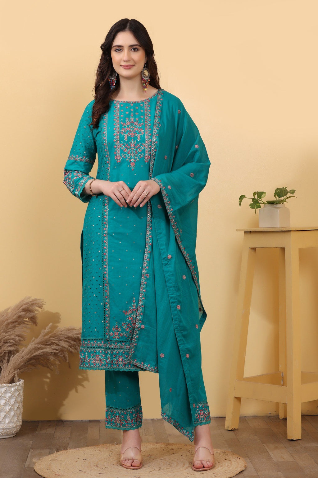 Turquoise Embroidered Cotton Salwar Kameez Set with Dupatta