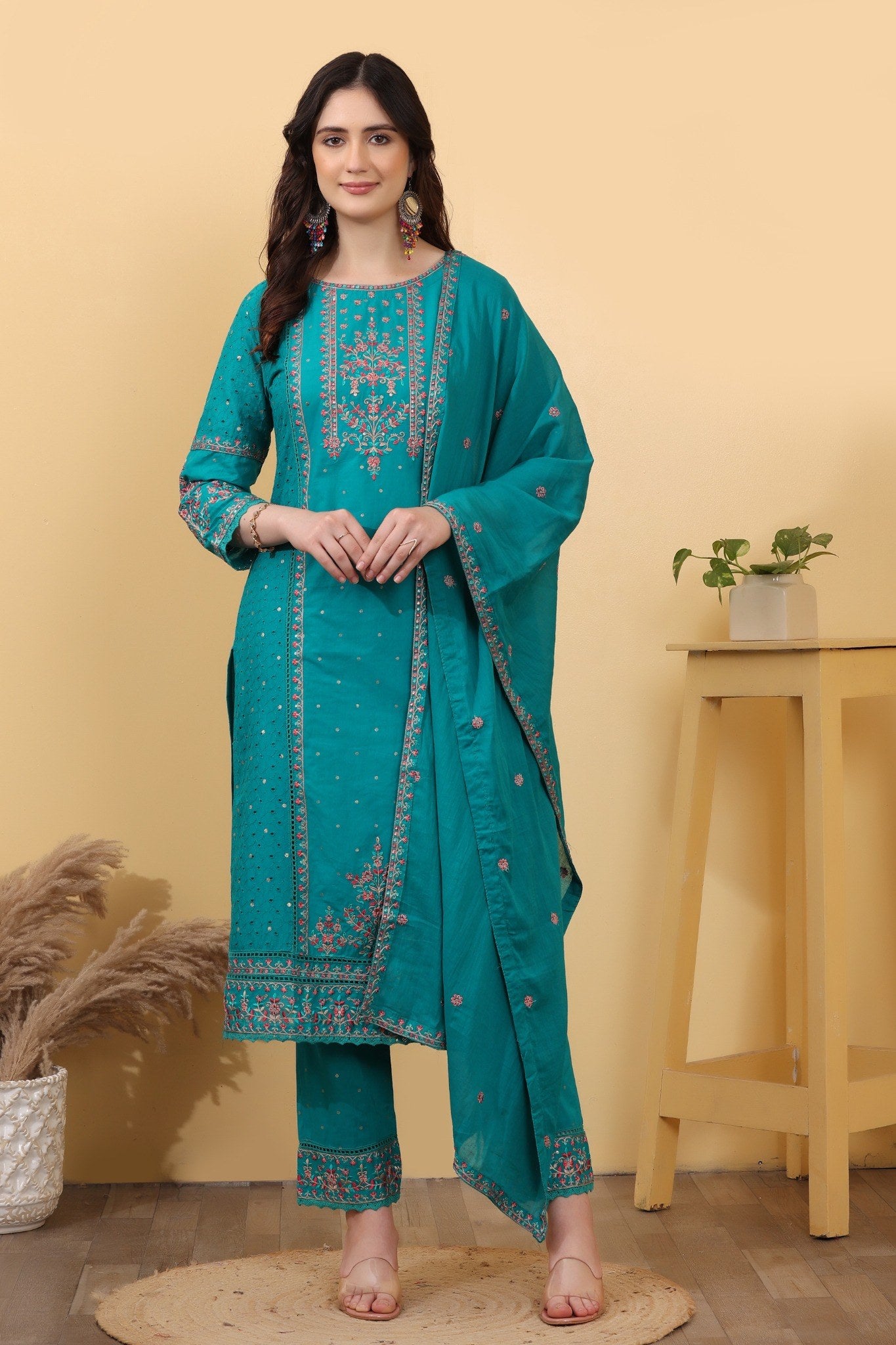 Turquoise Embroidered Cotton Salwar Kameez Set with Dupatta