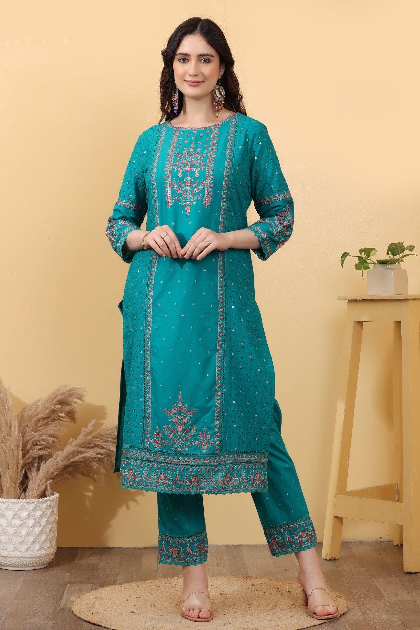 Turquoise Embroidered Cotton Salwar Kameez Set with Dupatta