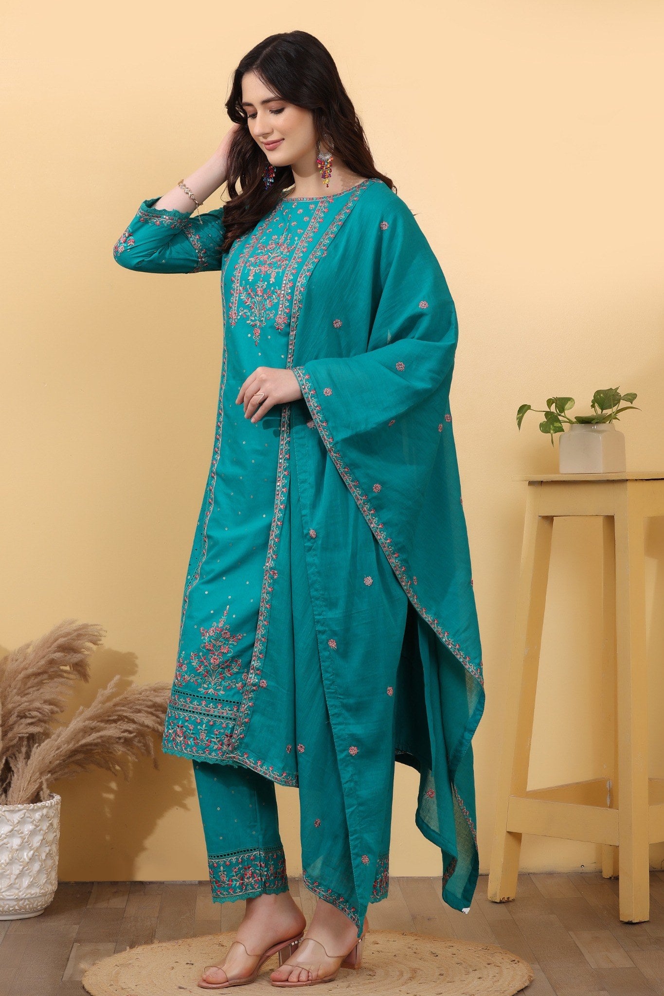 Turquoise Embroidered Cotton Salwar Kameez Set with Dupatta
