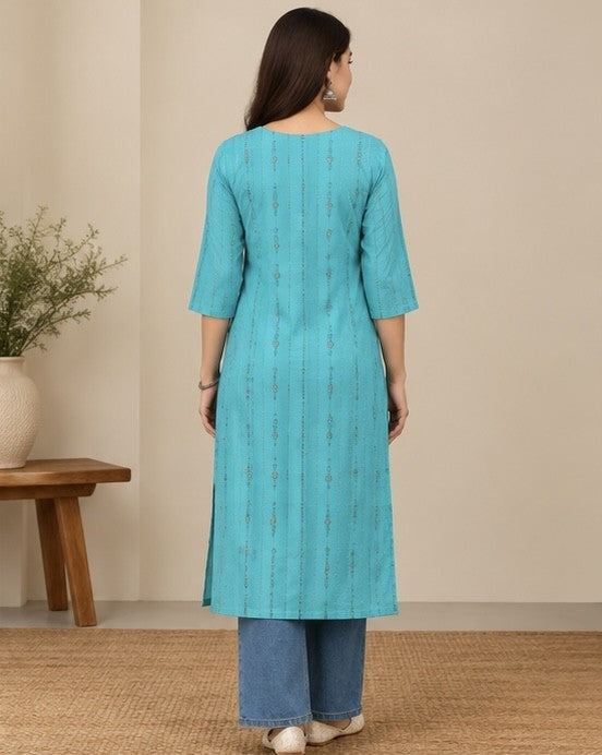 Turquoise Blue Printed Rayon Kurti for Women