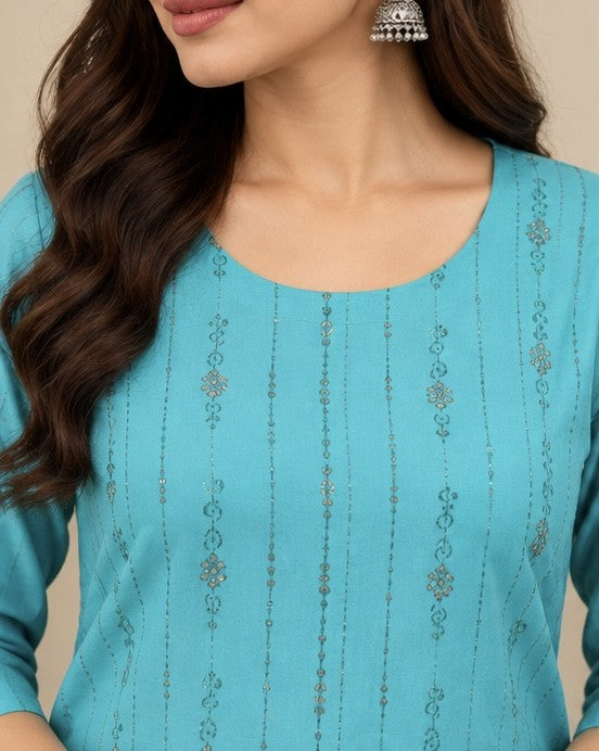 Turquoise Blue Printed Rayon Kurti for Women