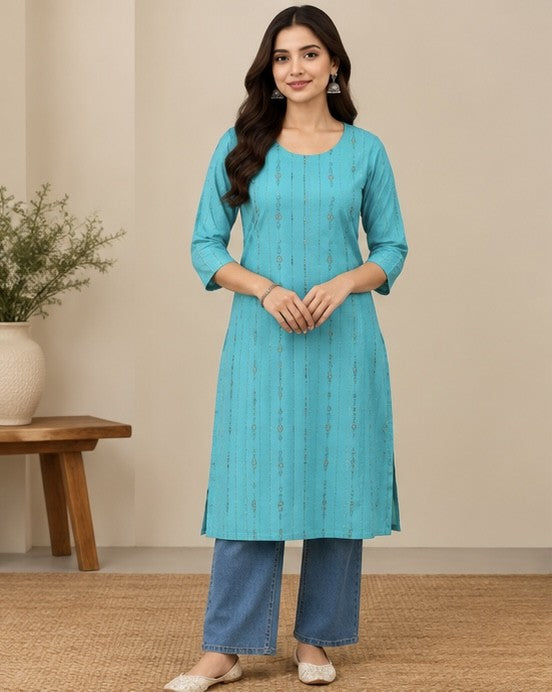 Turquoise Blue Printed Rayon Kurti for Women