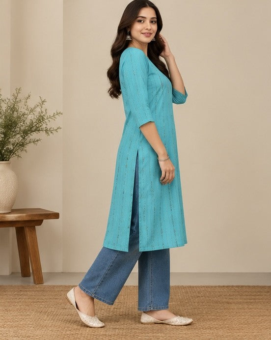 Turquoise Blue Printed Rayon Kurti for Women