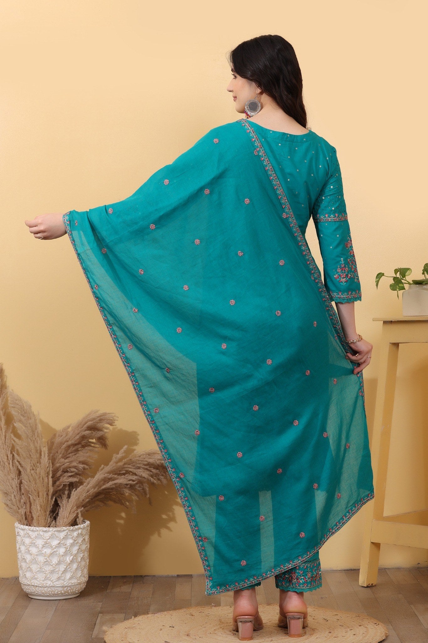 Turquoise Embroidered Cotton Salwar Kameez Set with Dupatta