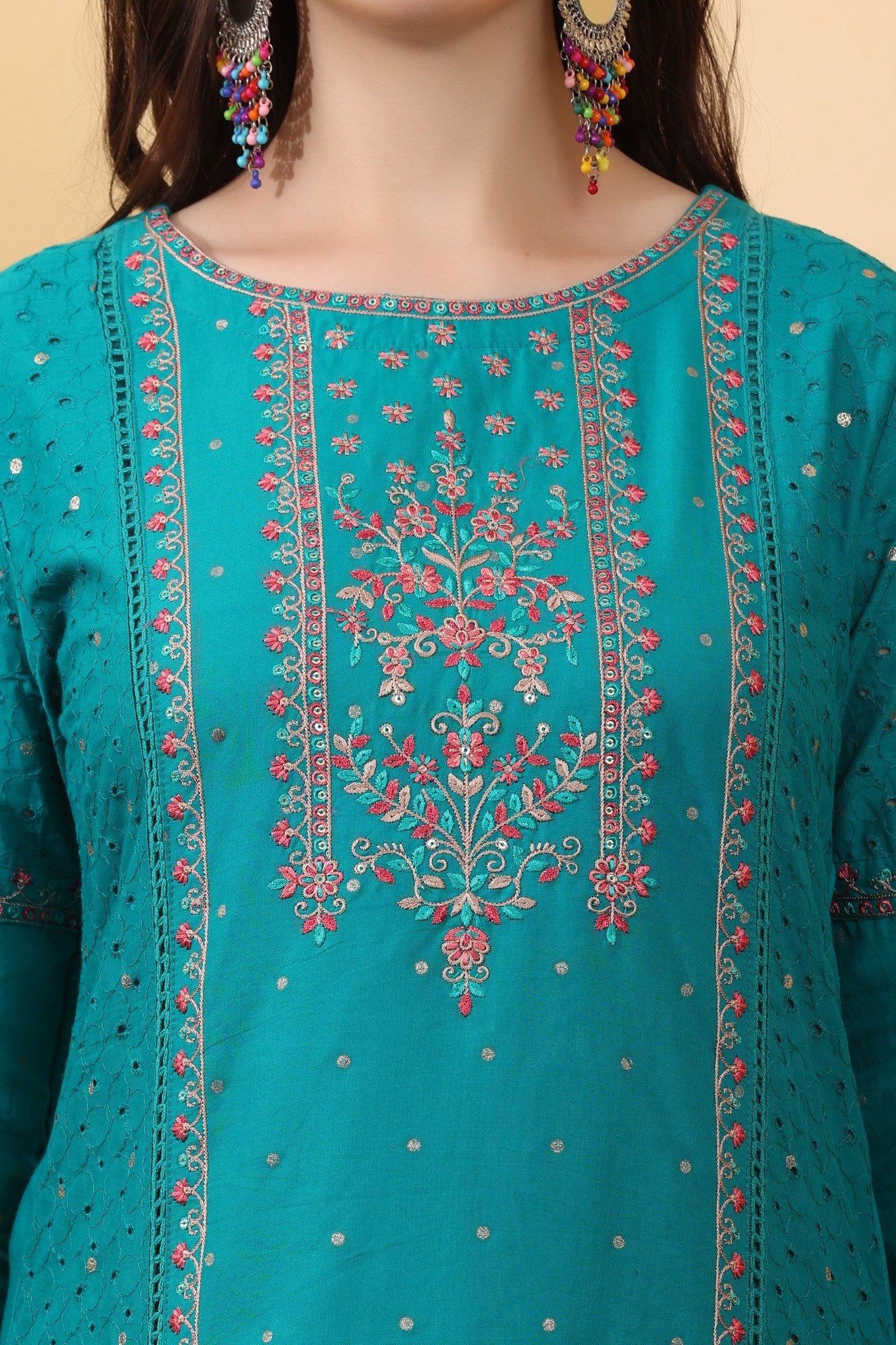 Turquoise Embroidered Cotton Salwar Kameez Set with Dupatta