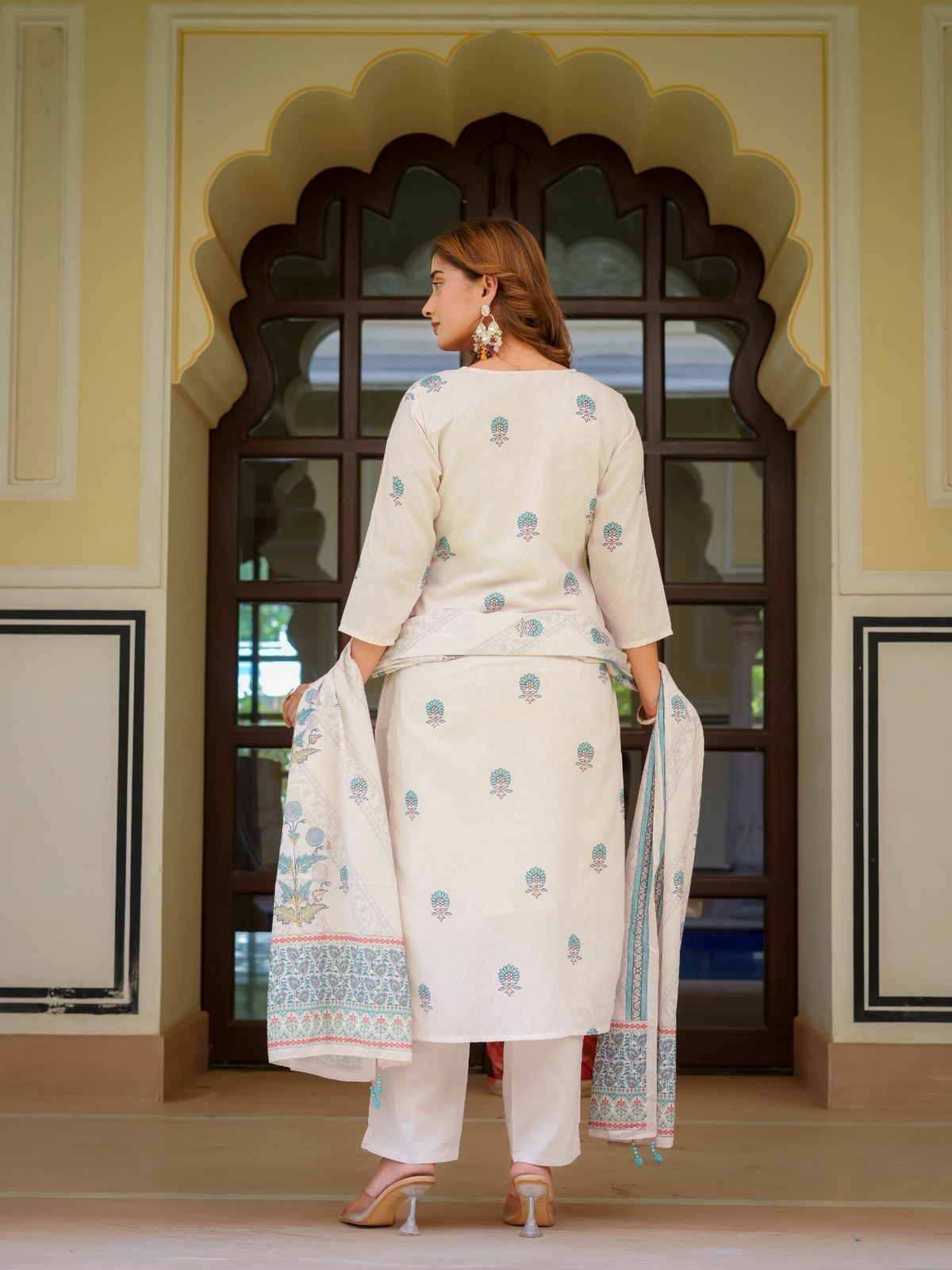 Ecru Cotton Printed & Embroidered Suit Set