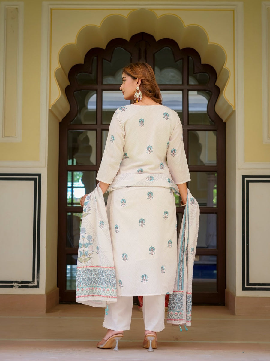 Ecru Cotton Printed & Embroidered Suit Set
