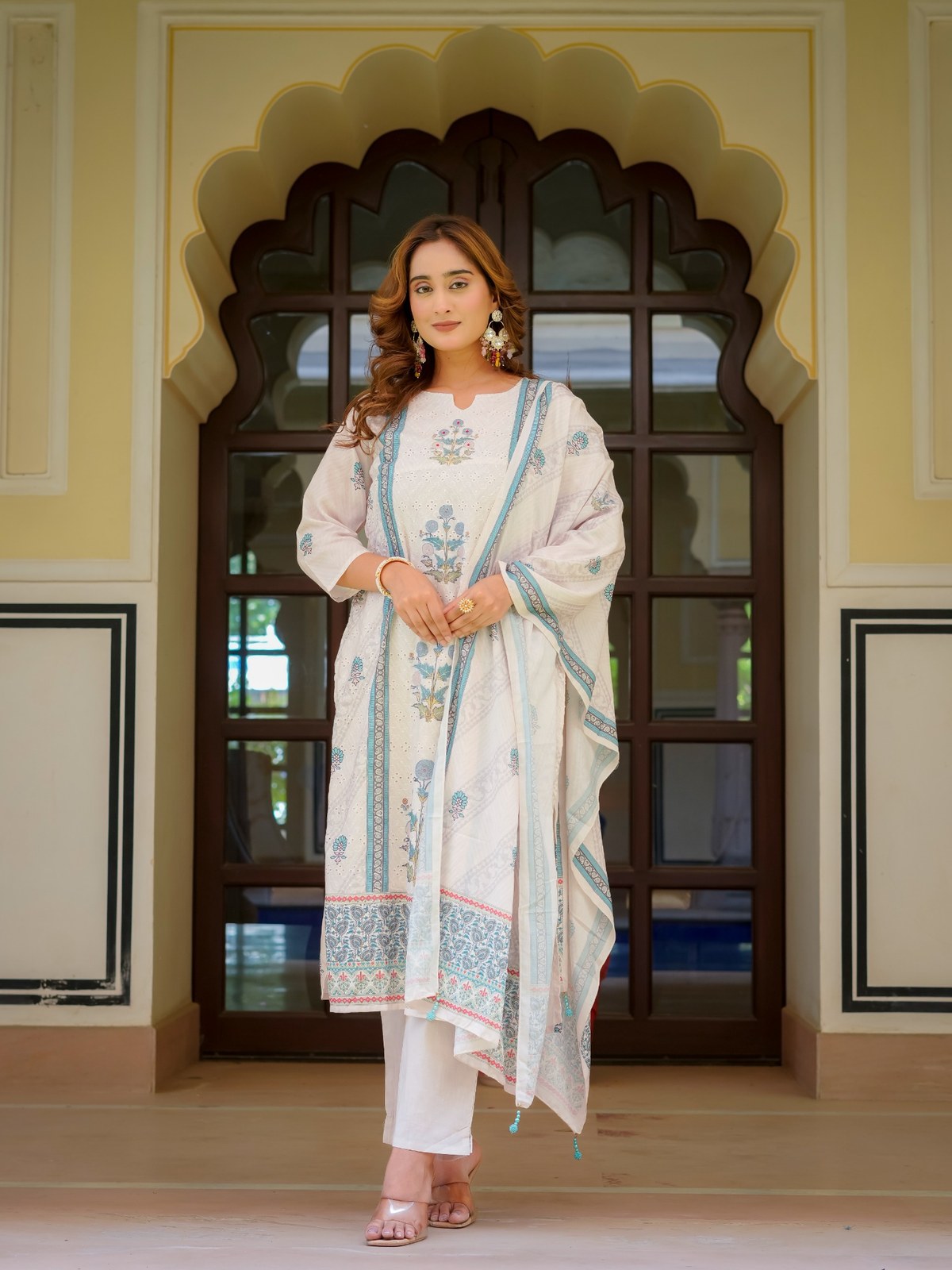 Ecru Cotton Printed & Embroidered Suit Set