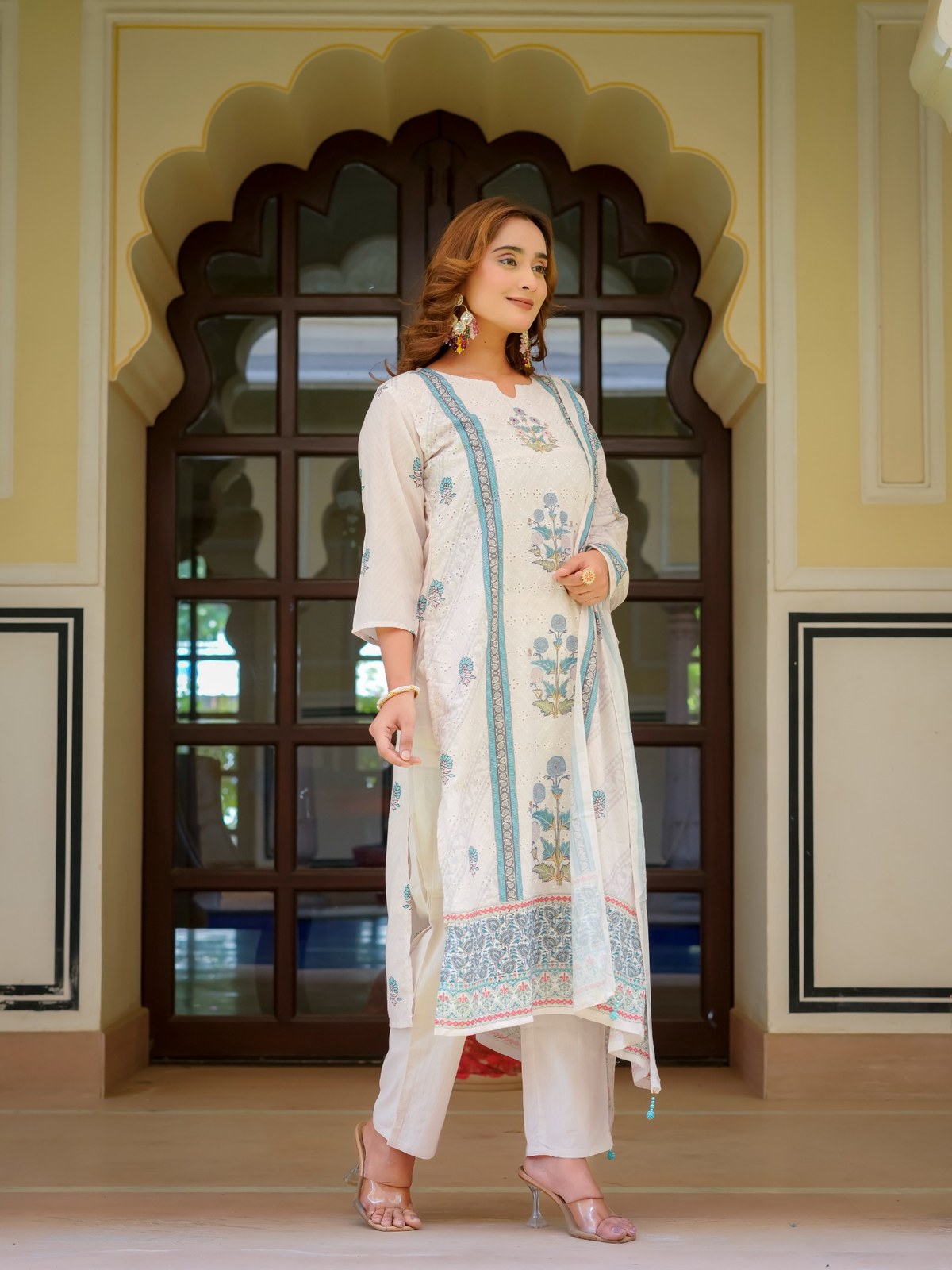 Ecru Cotton Printed & Embroidered Suit Set
