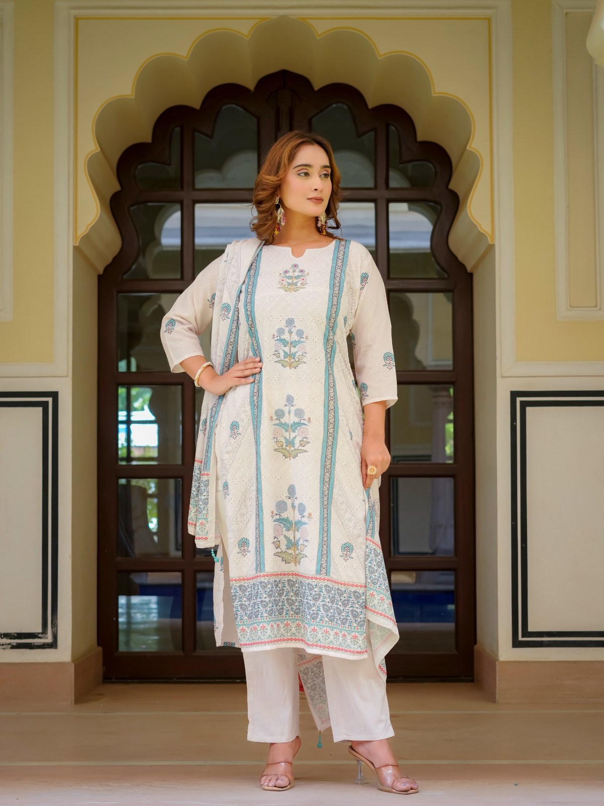Ecru Cotton Printed & Embroidered Suit Set