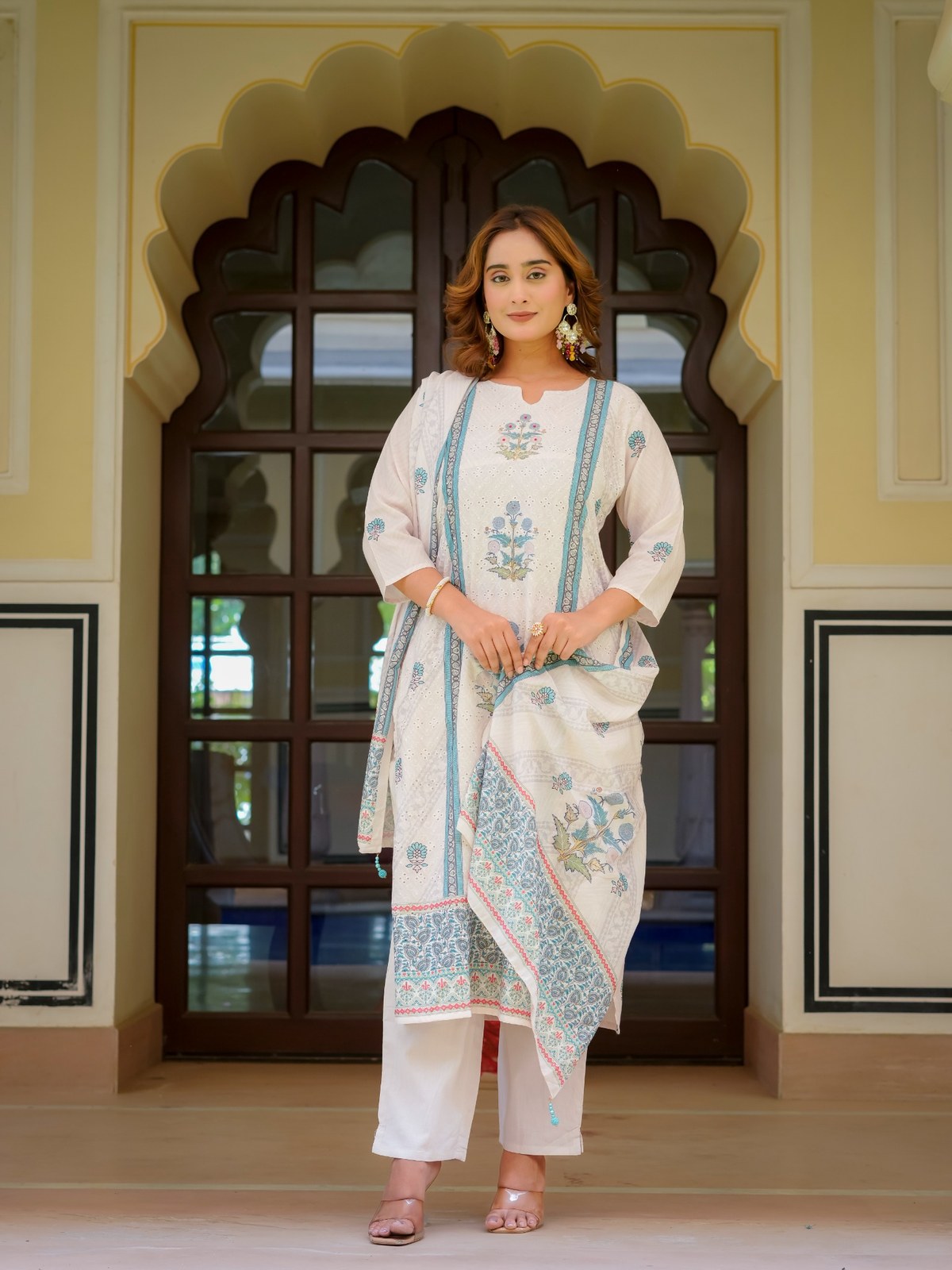 Ecru Cotton Printed & Embroidered Suit Set