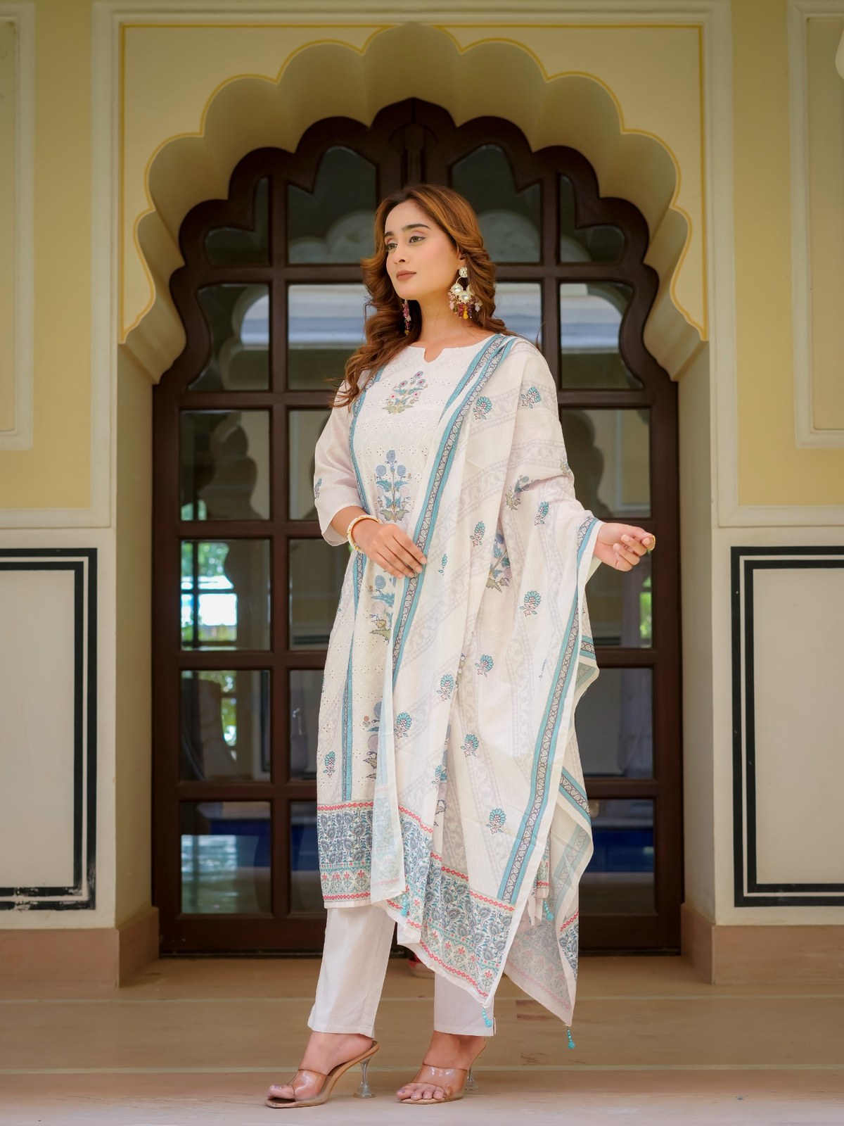 Ecru Cotton Printed & Embroidered Suit Set