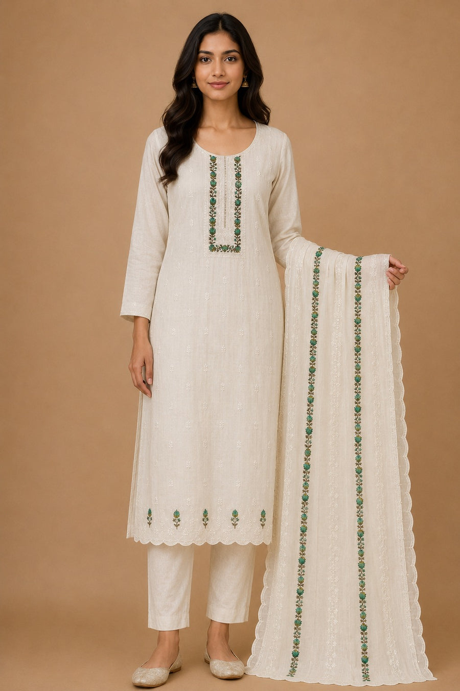 Beige Green Mal Chanderi Unstitched Dress Material with Floral Embroidery