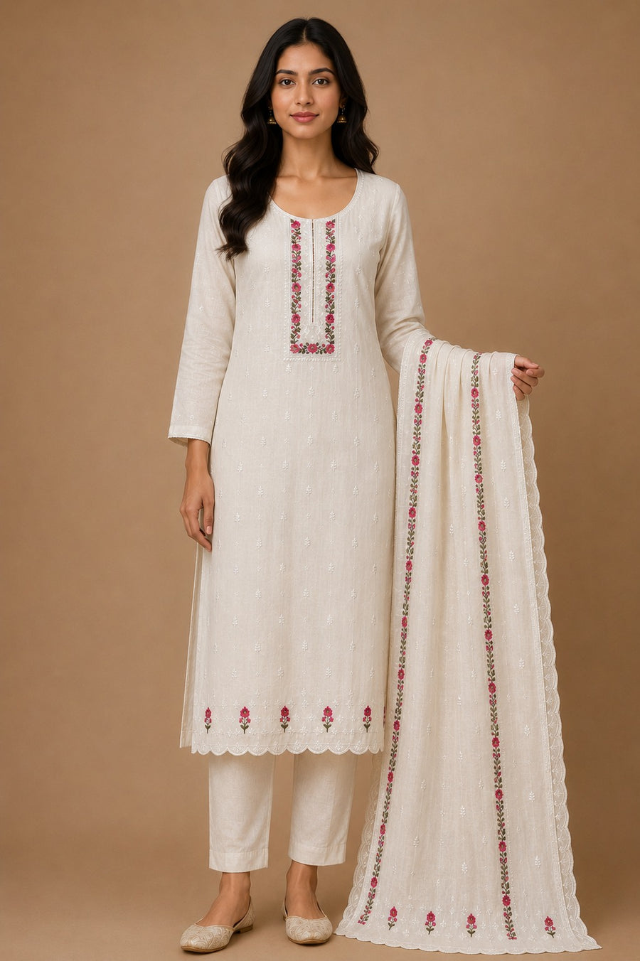 Beige Pink Mal Chanderi Unstitched Dress Material with Floral Embroidery