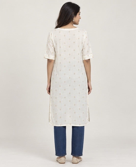 White Printed Cotton Blend Straight Kurti for Women