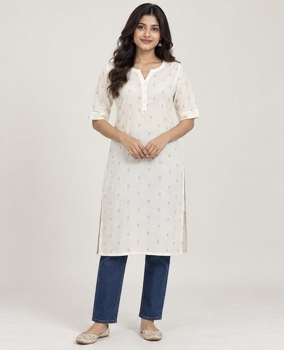 White Printed Cotton Blend Straight Kurti for Women