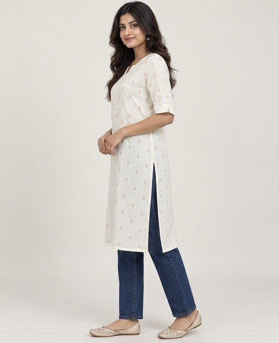 White Printed Cotton Blend Straight Kurti for Women