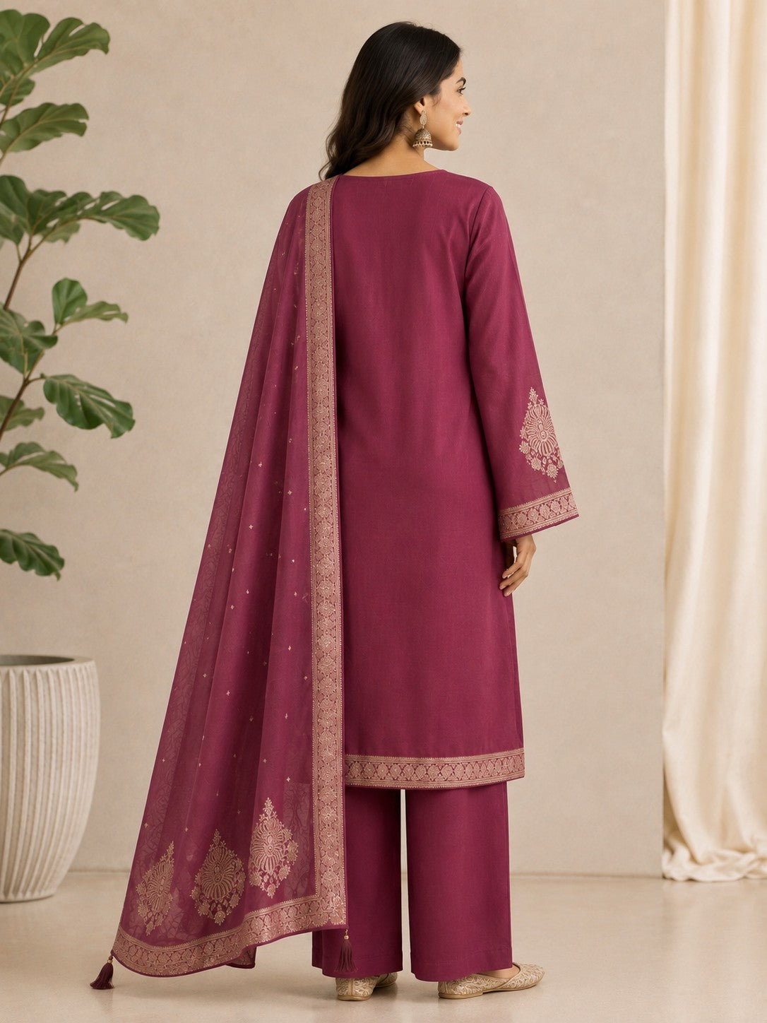 Plum Silk Blend Unstitched Dress Material