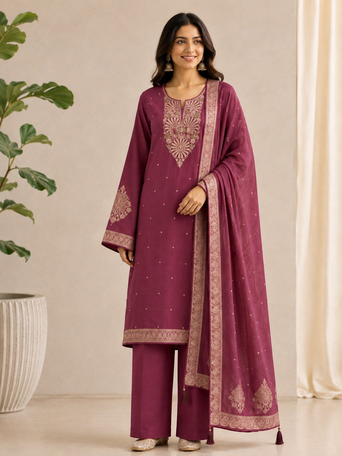 Plum Silk Blend Unstitched Dress Material