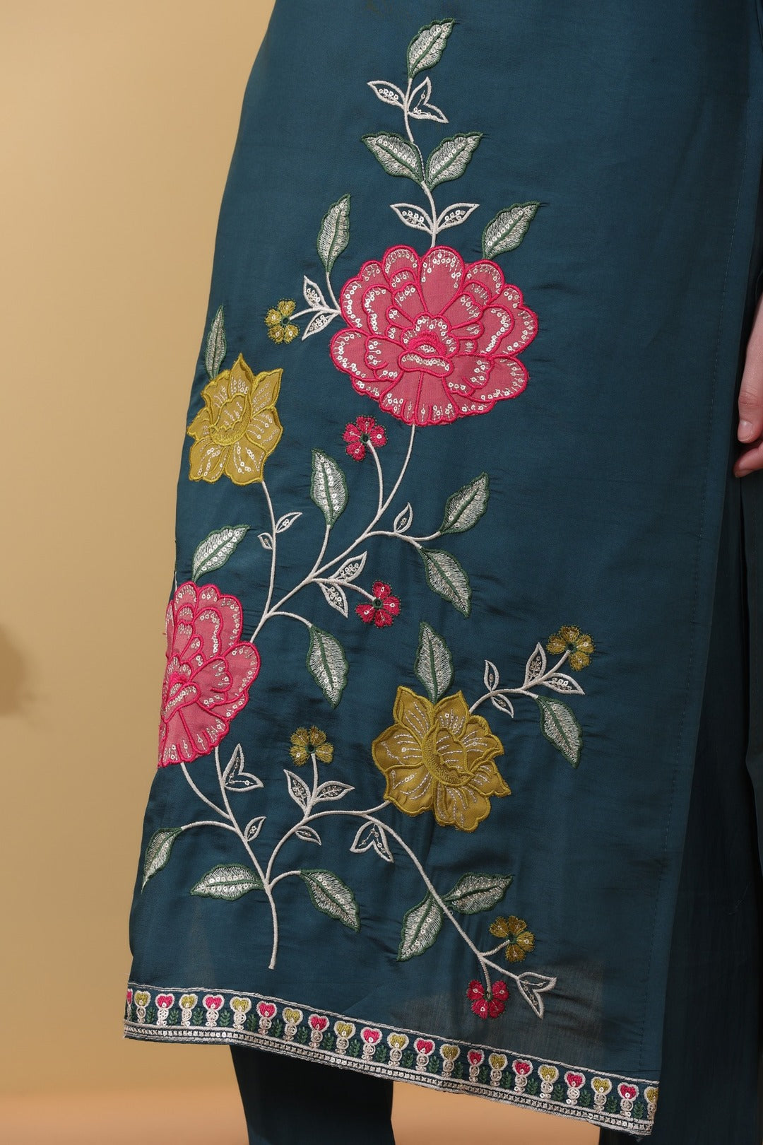 Green Teal Roman Silk Embroidered Straight Suit Set with Dupatta