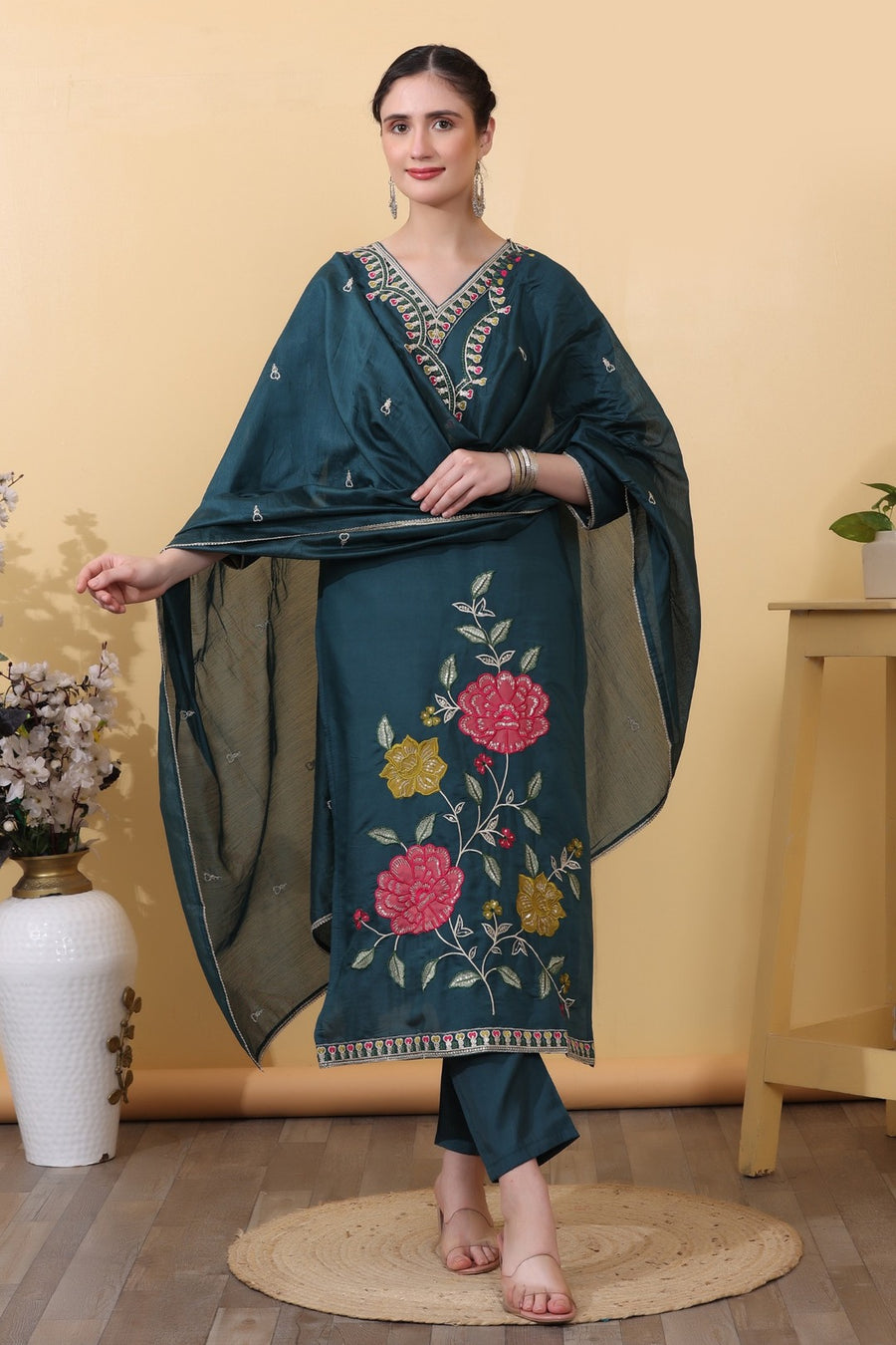 Green Teal Roman Silk Embroidered Straight Suit Set with Dupatta