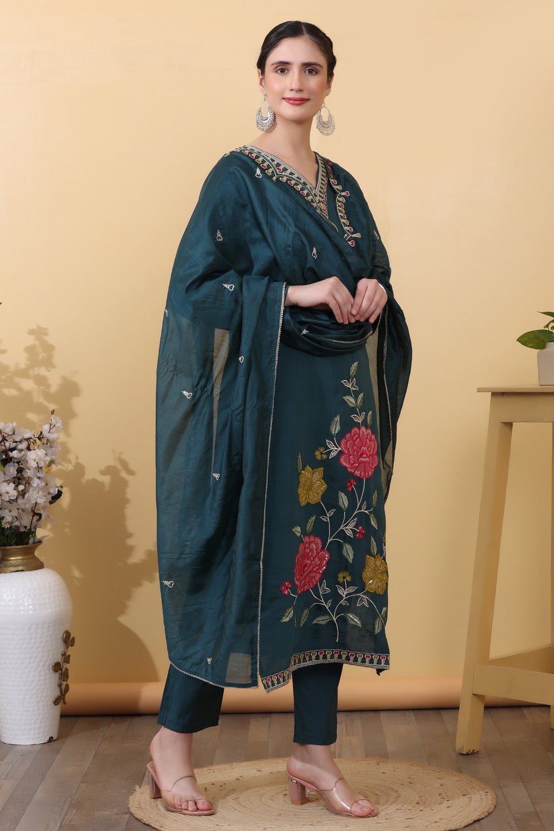 Green Teal Roman Silk Embroidered Straight Suit Set with Dupatta