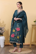 Green Teal Roman Silk Embroidered Straight Suit Set with Dupatta