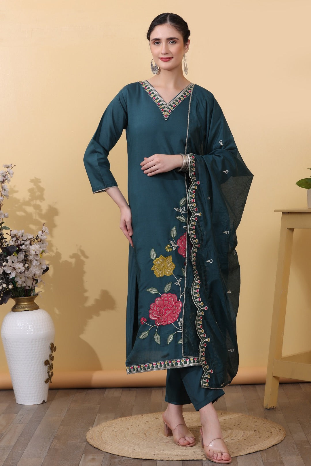 Green Teal Roman Silk Embroidered Straight Suit Set with Dupatta