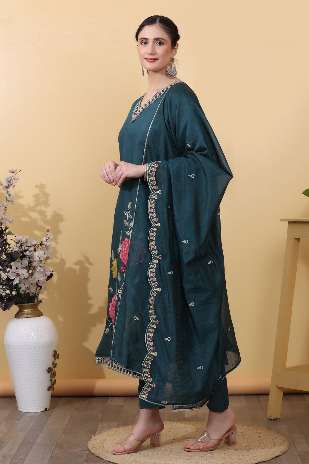 Green Teal Roman Silk Embroidered Straight Suit Set with Dupatta