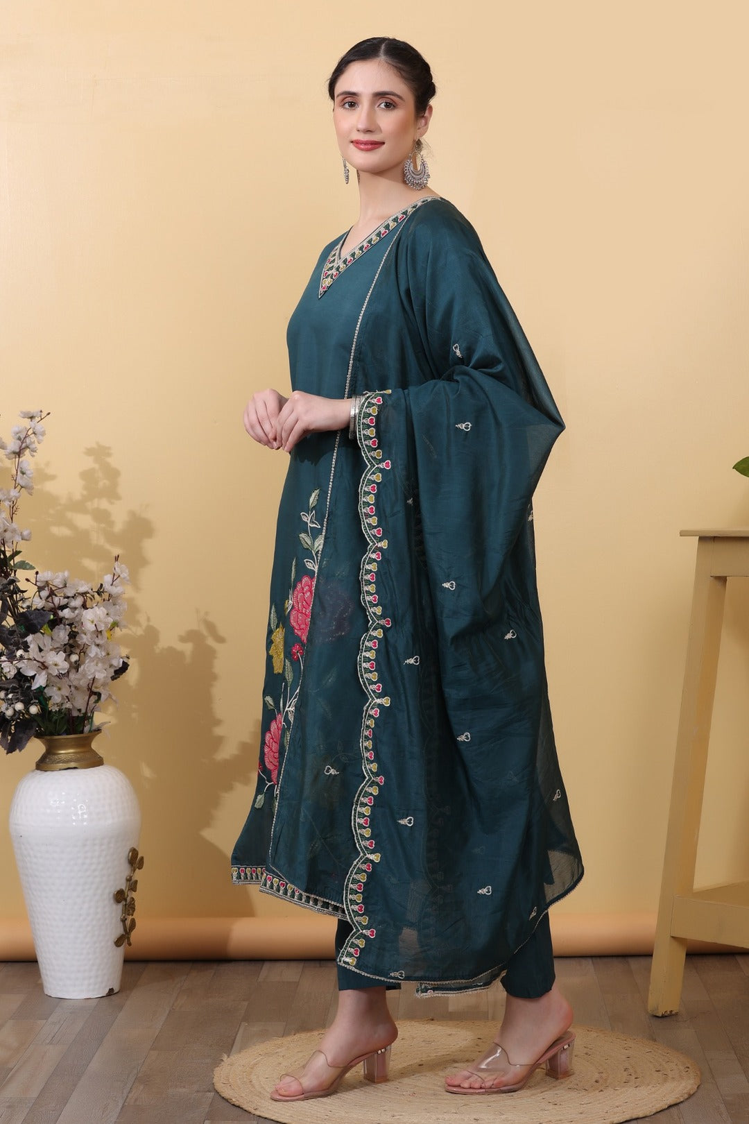 Green Teal Roman Silk Embroidered Straight Suit Set with Dupatta