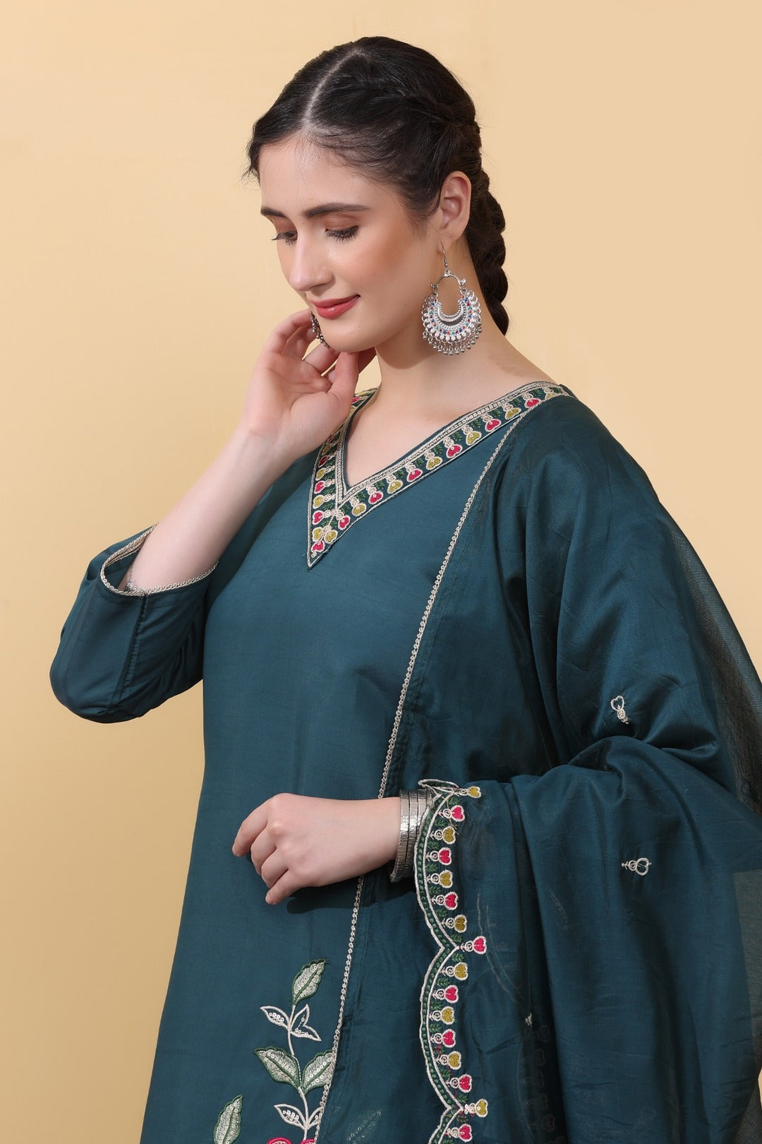Green Teal Roman Silk Embroidered Straight Suit Set with Dupatta