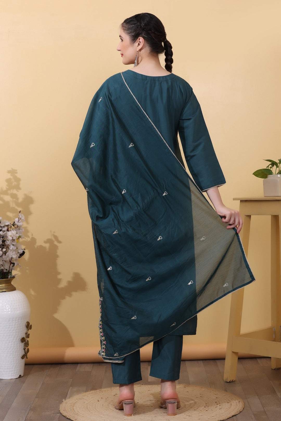 Green Teal Roman Silk Embroidered Straight Suit Set with Dupatta