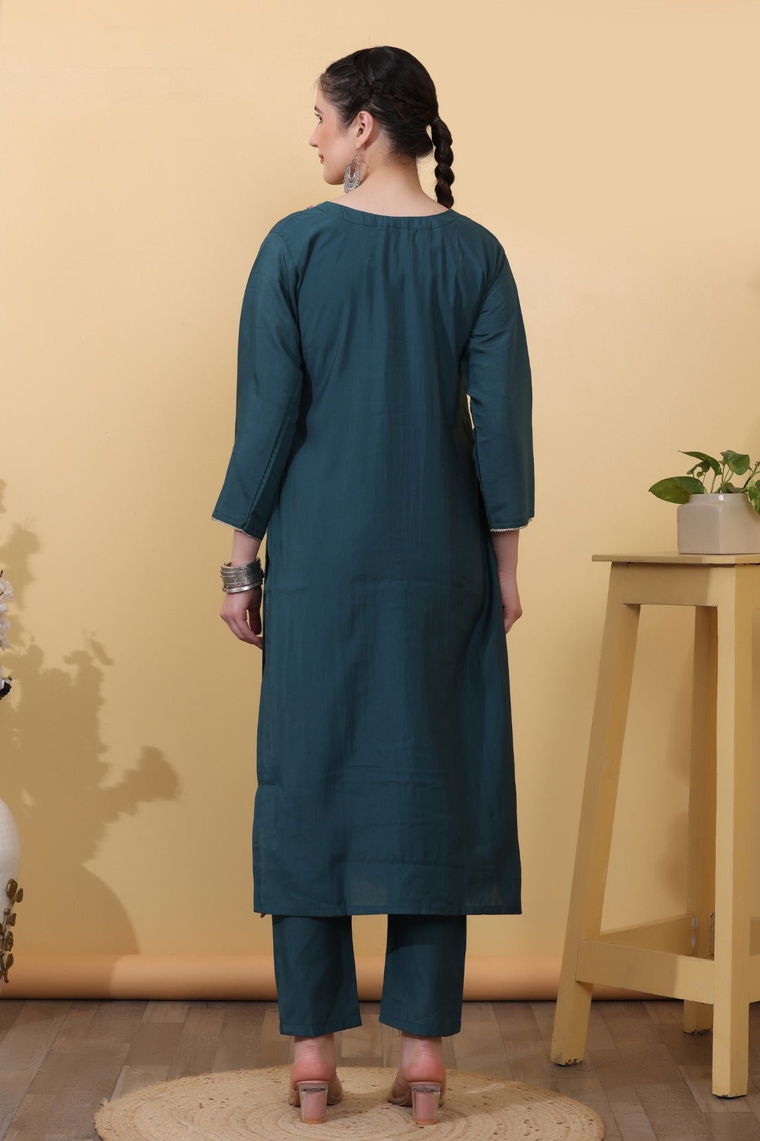Green Teal Roman Silk Embroidered Straight Suit Set with Dupatta